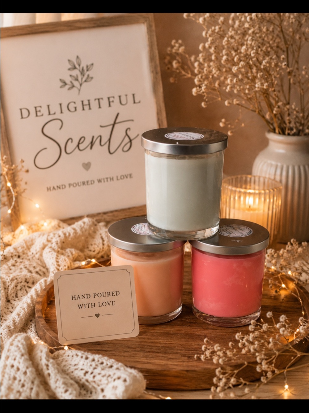 Hand Poured Scented Candles - Pink, Peach, Cream - Home Accents